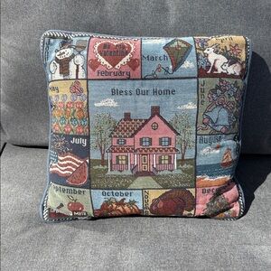 Vintage Needlepoint Tapestry Throw Pillow Bless Our Home Calendar Months y2k